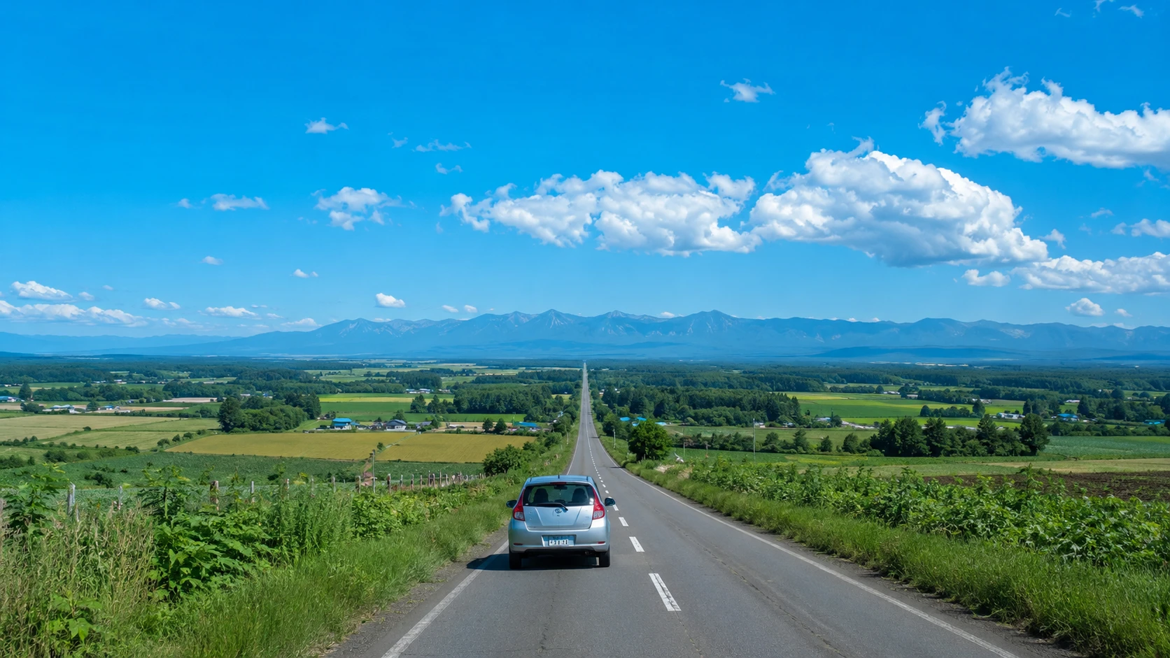 夏の北海道、青空の下をまっすぐ伸びる一本道をドライブする車
