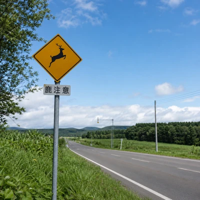 鹿注意の標識がある北海道の道